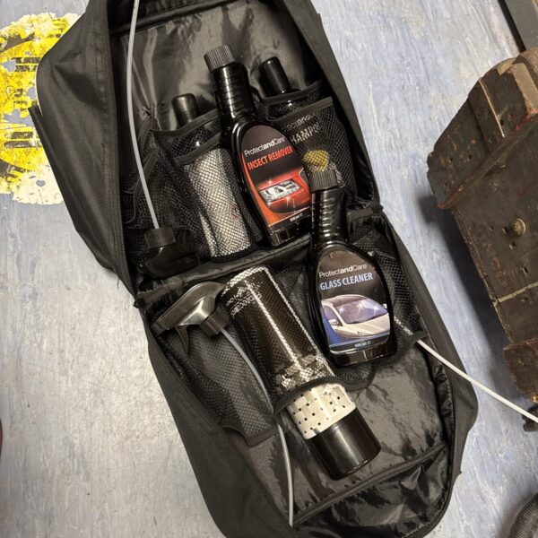 Protect and Care car cleaning kit in a black bag.
