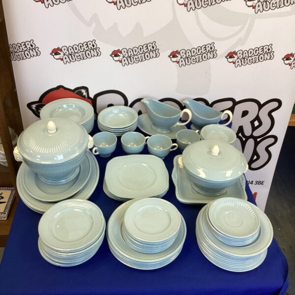 Large collection of vintage Wedgwood Lavender tableware on display.
