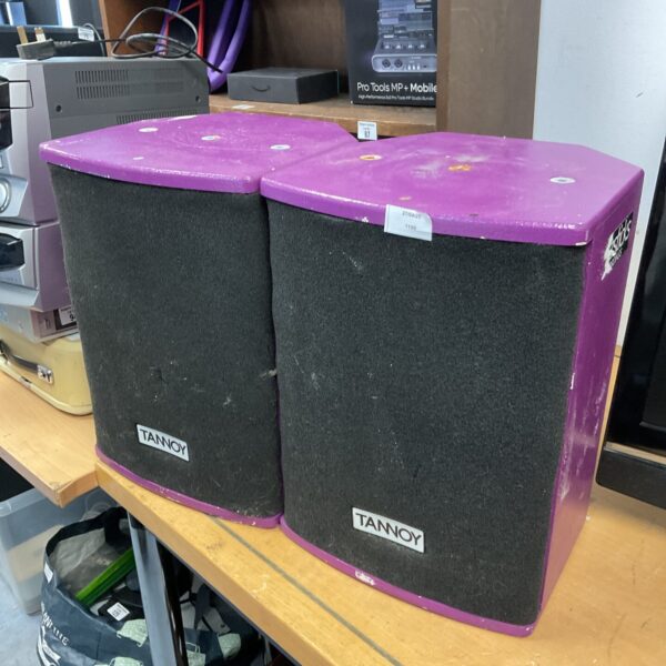 Pair of vintage Tannoy PA speakers in a studio setting.