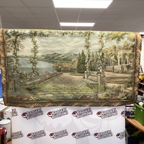 Vintage wall tapestry with a scenic garden embroidery.
