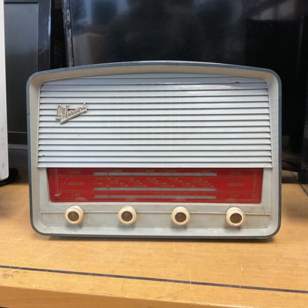 Vintage Marconi valve radio front view, classic retro design.