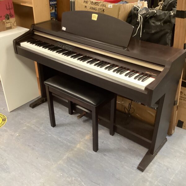 Yamaha Clavinova electric piano with stool in a home setting.