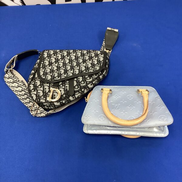 Designer style handbags, Dior and Louis Vuitton inspired, fashion accessories.