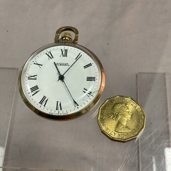 Vintage Pakema CCCP pocket watch with Roman numerals.