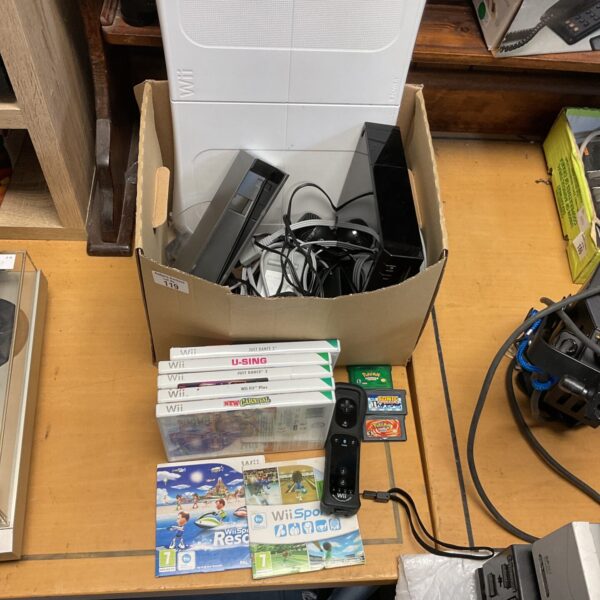 Black Nintendo Wii console with games, retro gaming system.