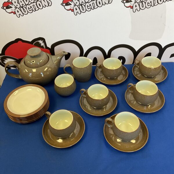 Full view of a vintage Denby Greystone teaset on a surface.