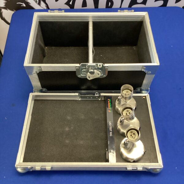 Open flight case with LED test rig inside.