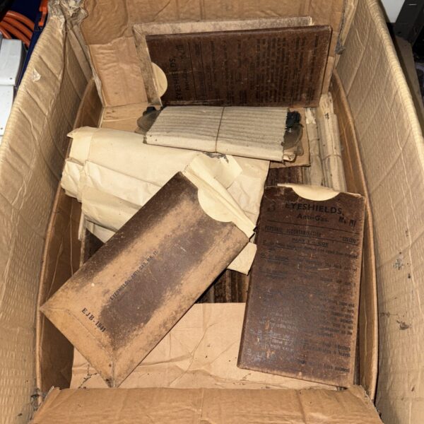 Vintage 1941 British anti-gas eye shields in original packaging.