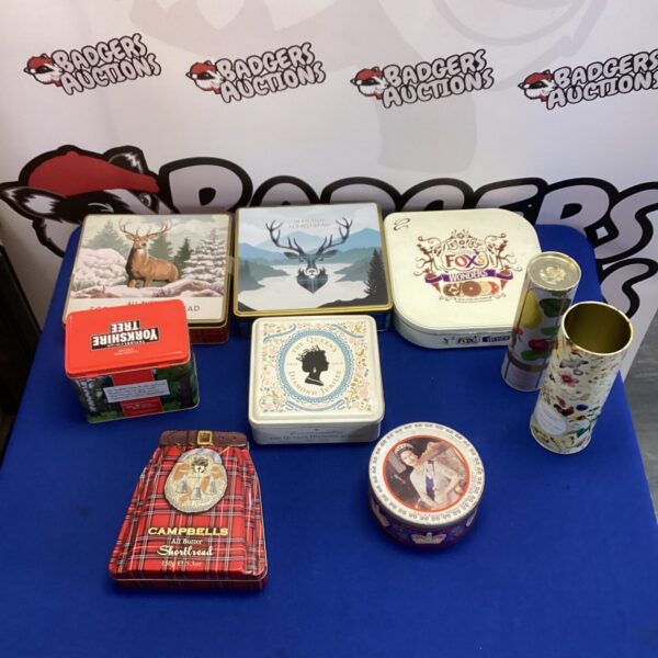Vintage storage tins collection, decorative kitchenalia, collectible metal tins.