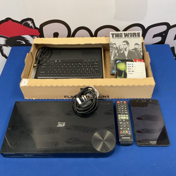 Samsung 3D Blu-Ray player with Galaxy tablet and wireless keyboard.