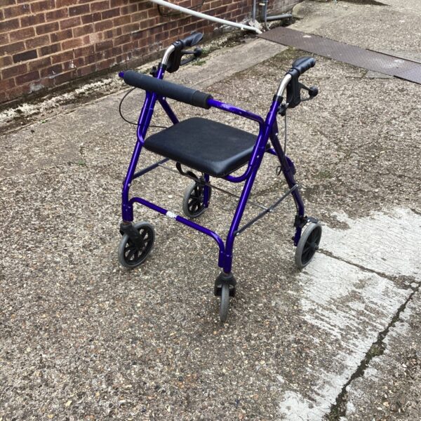 Blue walking aid trolley with a padded seat for mobility support.