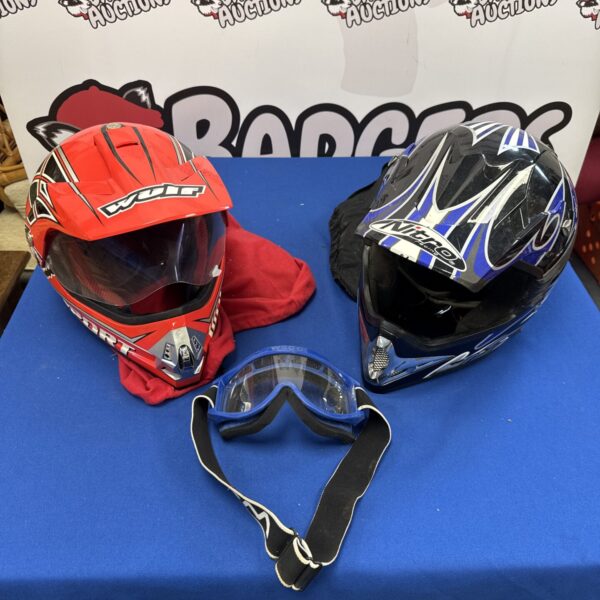 Pair of size L Wulf and Nitro Racing motocross helmets.