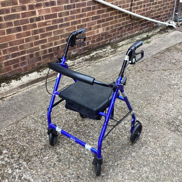 Blue Drive Medical walking aid trolley with seat for mobility assistance.