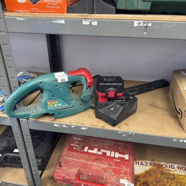 Bosch cordless hedge cutter with battery and charger, garden tool.