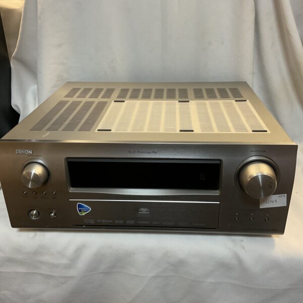 Black Denon AVR-3808 AV receiver for home theater surround sound.