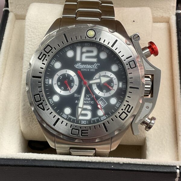 Blue dial Ingersoll automatic wristwatch with stainless steel case.