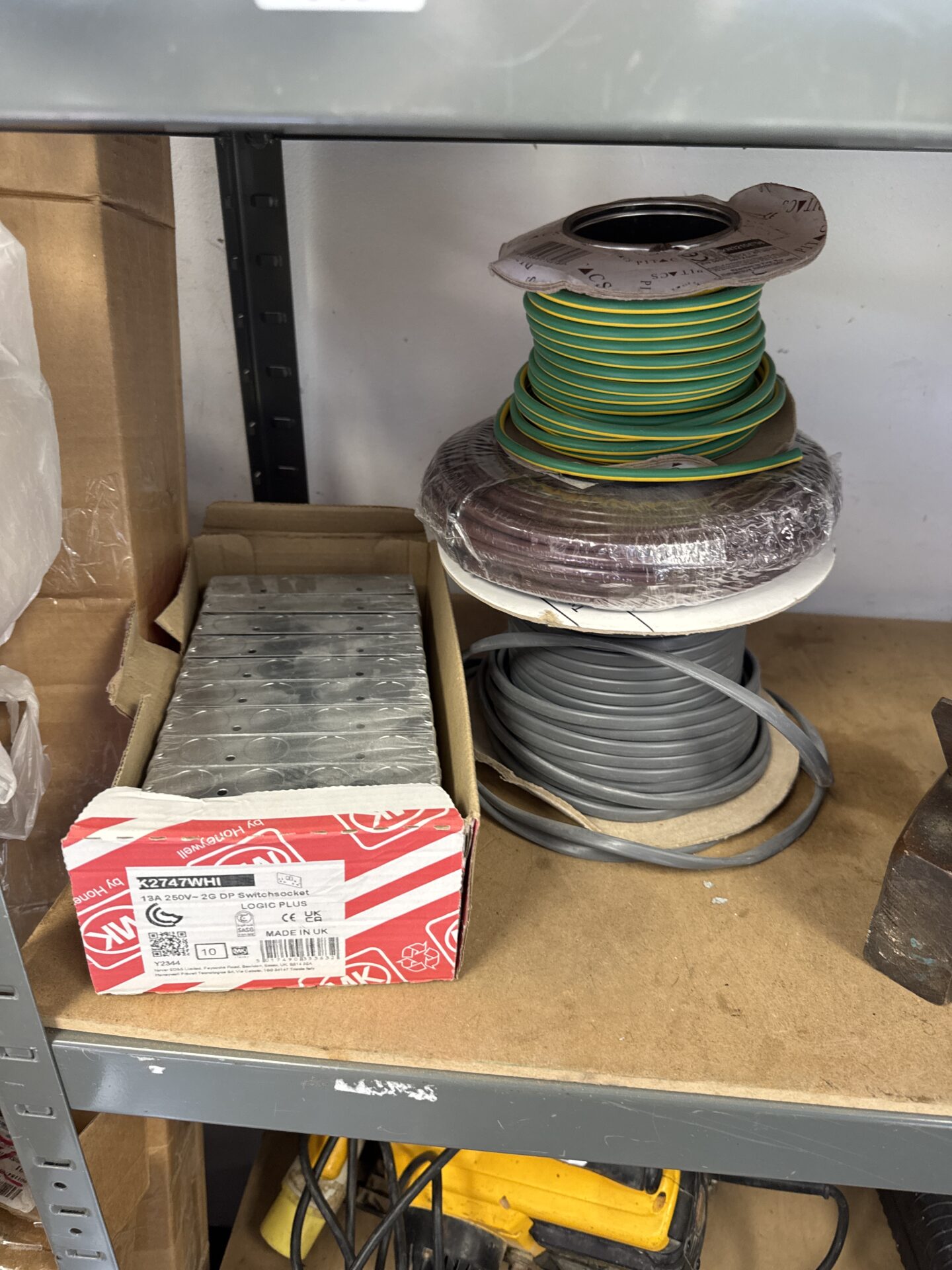 948 Two part used & one new rolls of electrical cable with box of switchsocket logic plus sockets