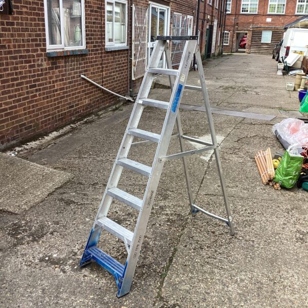 Silver aluminium step ladder for DIY and garden use.