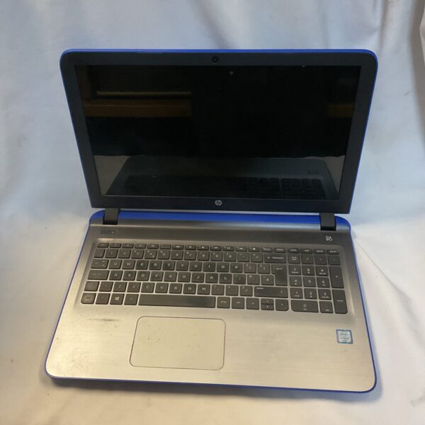 Blue HP Pavilion laptop with keyboard visible.