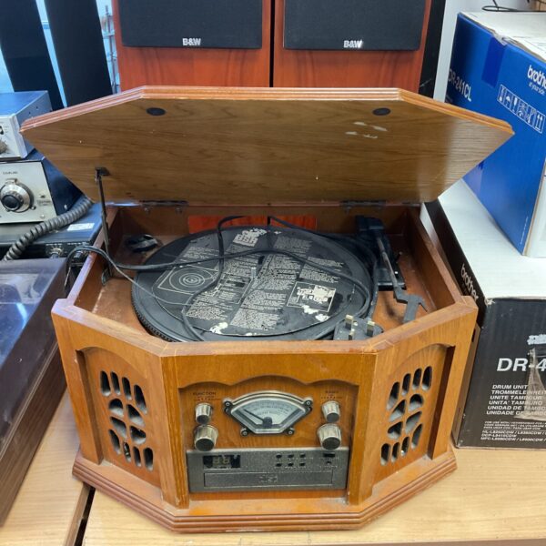 Front view of a vintage Bsr retro music centre with turntable.