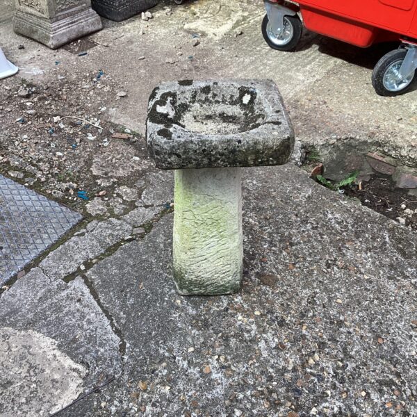 Weathered stone bird bath in a garden setting.