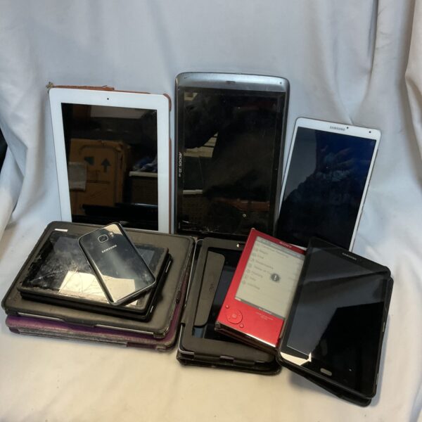 Damaged tablet bundle including Samsung and Sony devices for repair or parts.