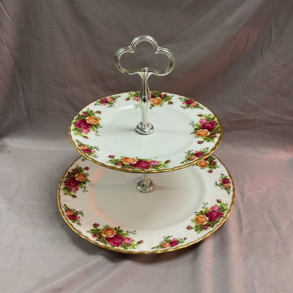 Vintage Royal Albert Old Country Rose two-tier cake stand with roses.