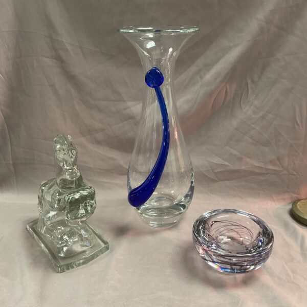 Krosno art glass vase with blue swirl, glass horse, and Caithness dish.