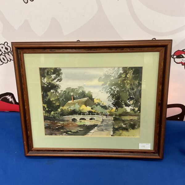 L Deakin watercolour painting of a river scene with cottage.