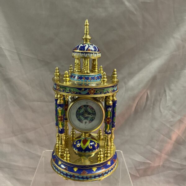Antique cloisonné portico alarm clock with colourful enamel detailing.