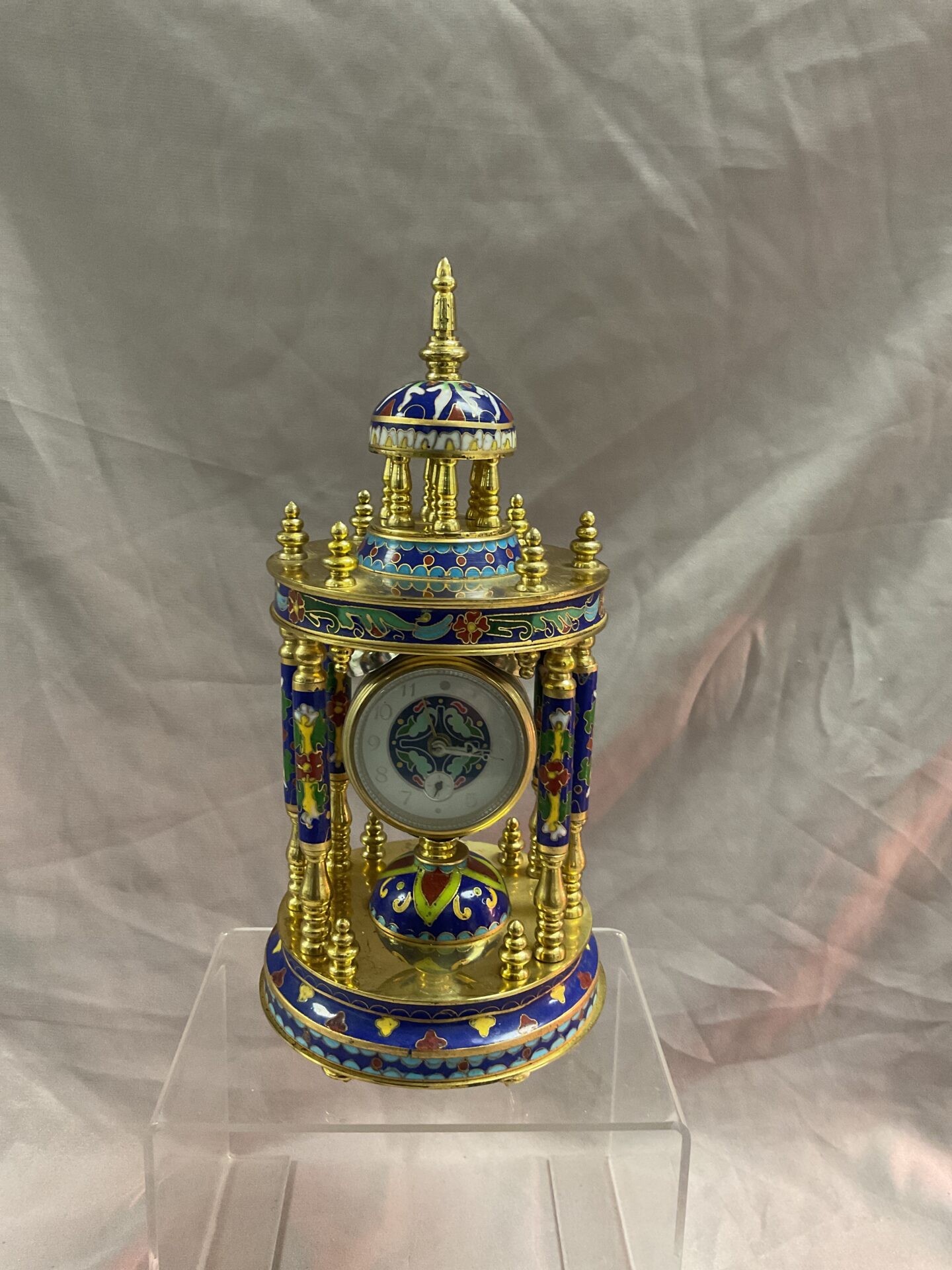 851 A Cloisonné Portico Alarm Clock Domed Top Supported by six Columns Ornamental Dial working