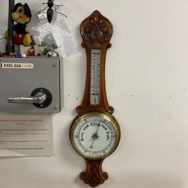 Antique oak cased barometer with mercury thermometer.