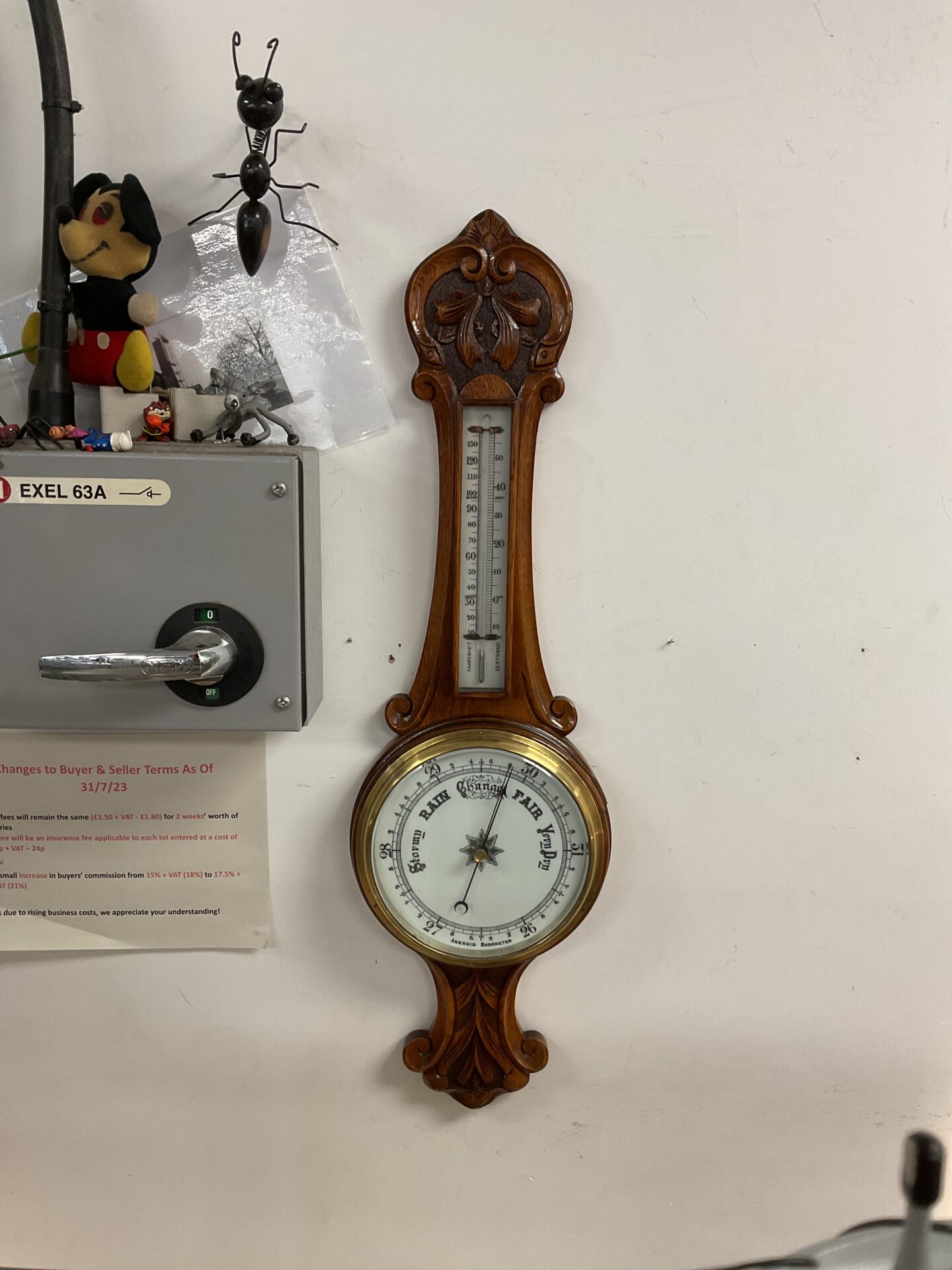 767 Antique oak cased Barometer with mercury thermometer