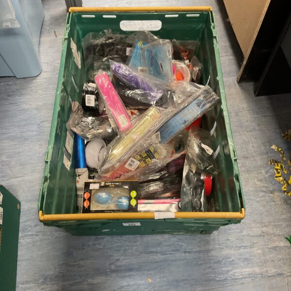 Crate filled with a lot of new adult toys and bedroom accessories.