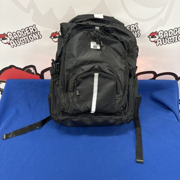 Front view of a black Targus laptop rucksack.