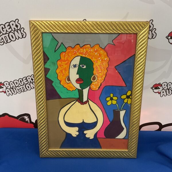 Colourful pop art guache painting inspired by Picasso with floral portrait.