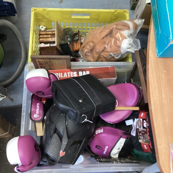Mixed lot of Sparta sparring gloves, pads, and a Frank Thomas motorcross helmet.