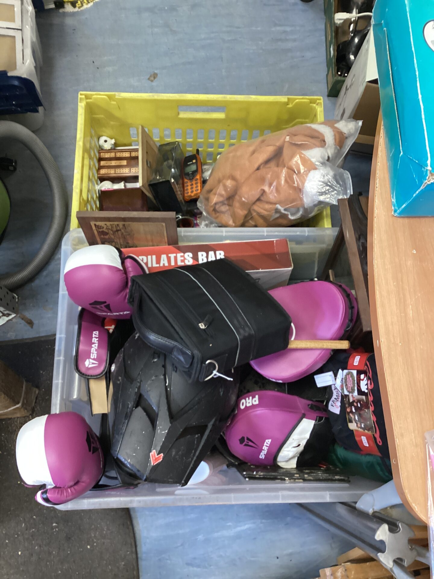 623 Two boxes of mixed inc sparta sparring gloves & pads with frank thomas motorcross crash helmet