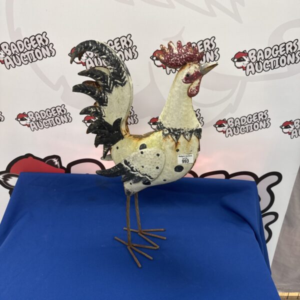 Large metal garden cockerel ornament for outdoor display.