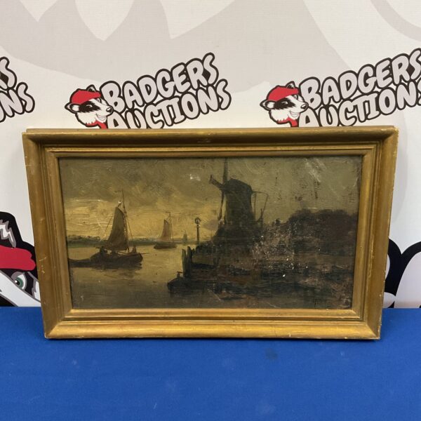 Antique oil painting of a Dutch windmill and boats in a landscape.