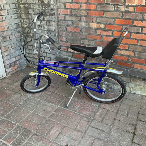 Blue Raleigh Chopper Mk3 vintage bicycle side view.