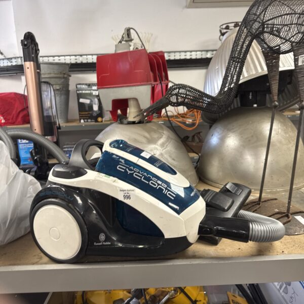 Blue and grey Russell Hobbs cyclone handheld vacuum cleaner.