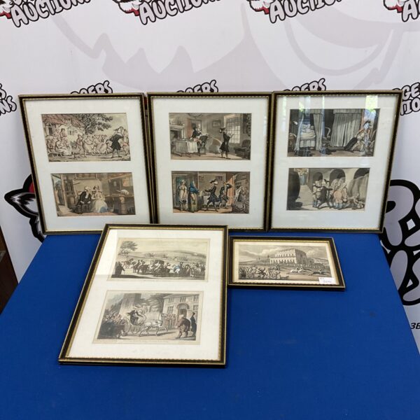 Framed collection of antique humorous engravings and prints.