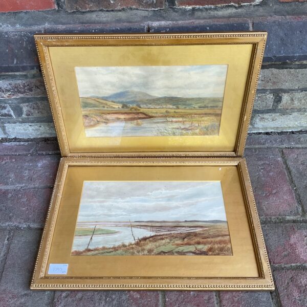 Pair of vintage English countryside watercolour paintings in gilt frames.