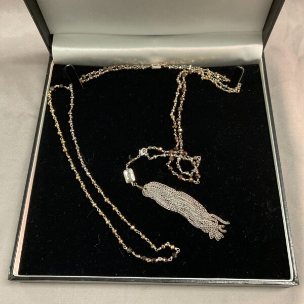 Vintage long necklace with faux pearl fringe and delicate chain.