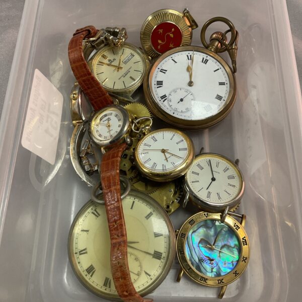 Vintage watch lot with gold plated fob watch and parts.