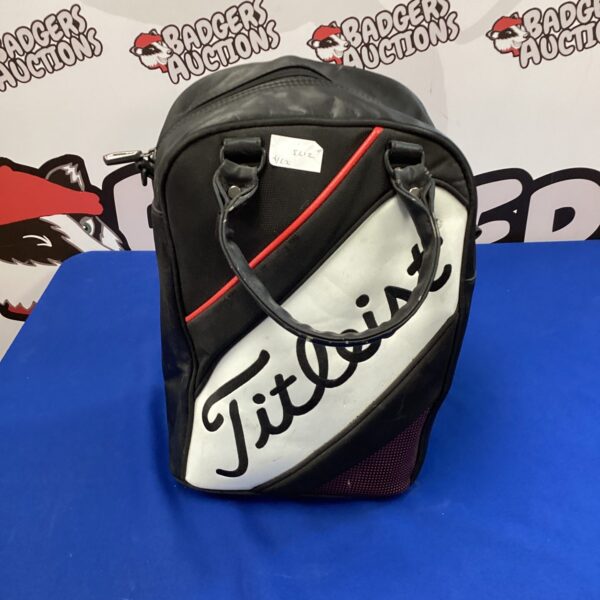 Front view of a Titleist golf shoe bag with carry handle.
