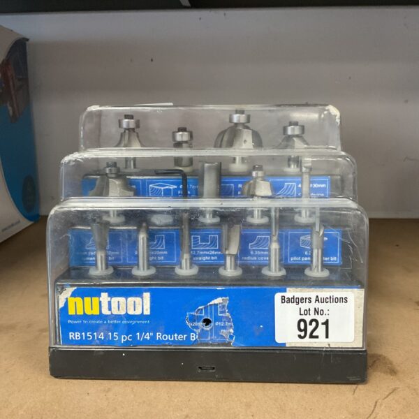 Nutool RB1514 15-piece 1/4” router bit set in plastic case.