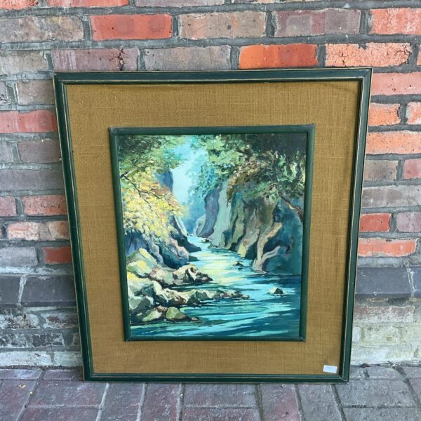 Vintage 20th century oil painting of a river creek landscape.
