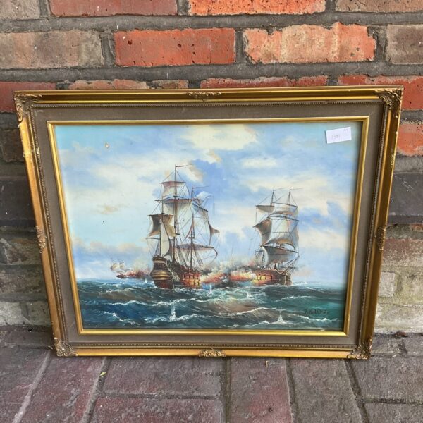 Dramatic oil painting of battling galleons by J Harvey.